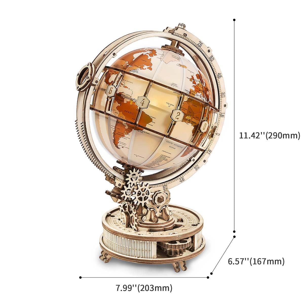 ROKR, Luminous Globe, ST003, 3D wooden globe puzzle, three-quarter angle