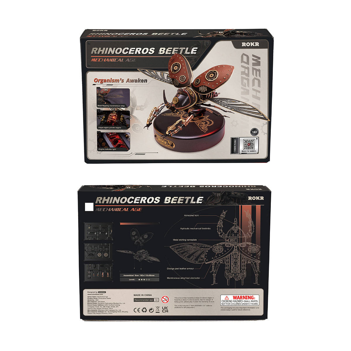 ROKR Rhinoceros Beetle retail packaging box showing front cover and back product information panel