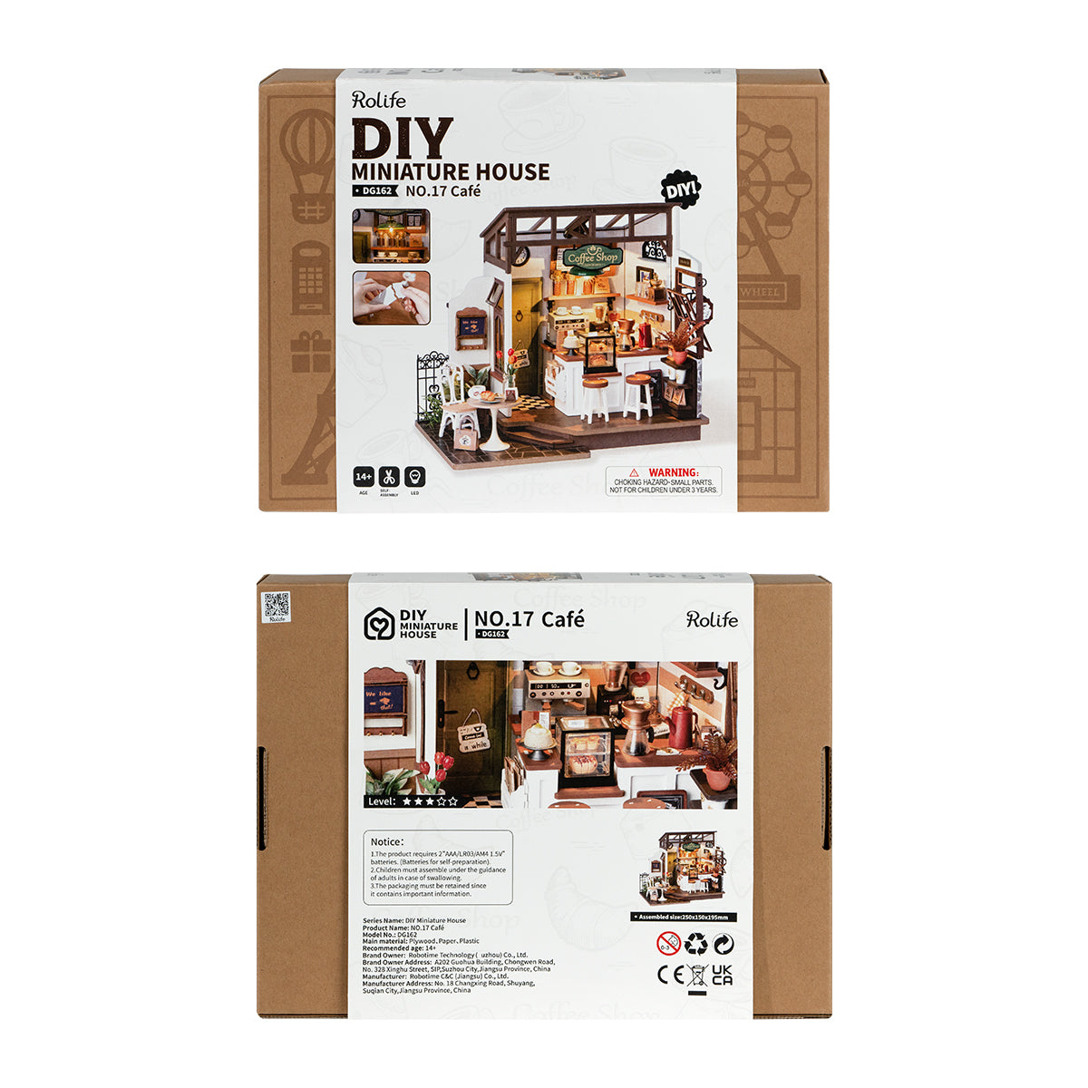 Rolife Flavory Café Miniature House DG162 DIY book nook miniature kit, front view on a neutral background