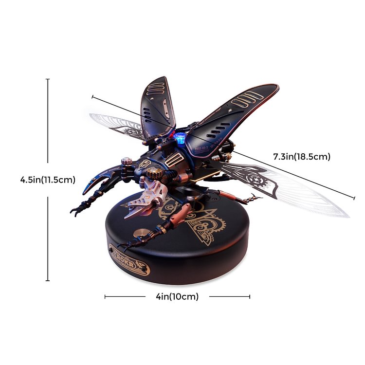 ROKR Storm Beetle MI03 dimension diagram labeled 7.3 by 4.5 by 4 inches on white background