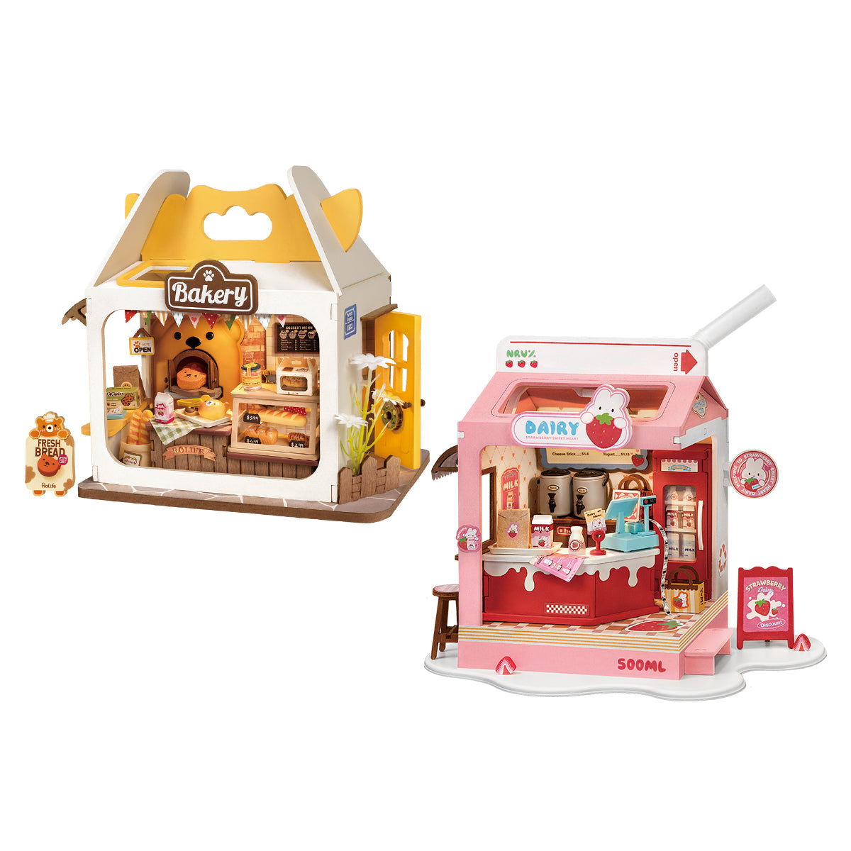Rolife Food Box Shop DIY book nook miniature kit, exploded view of components and parts