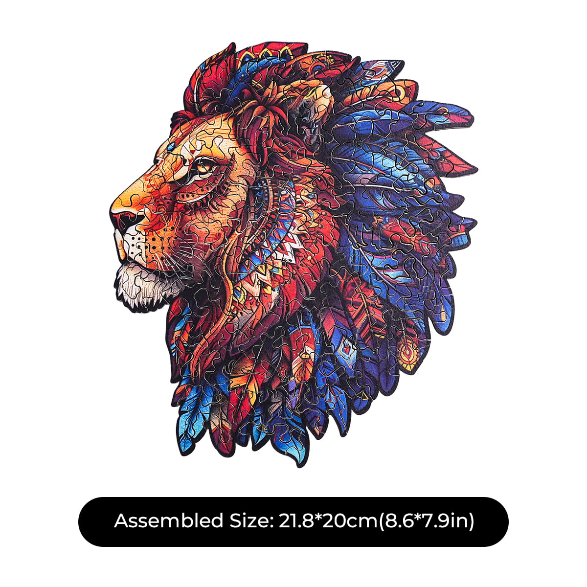 Completed Robotime Lion King wooden jigsaw showing a vivid feathered lion profile with assembled size label