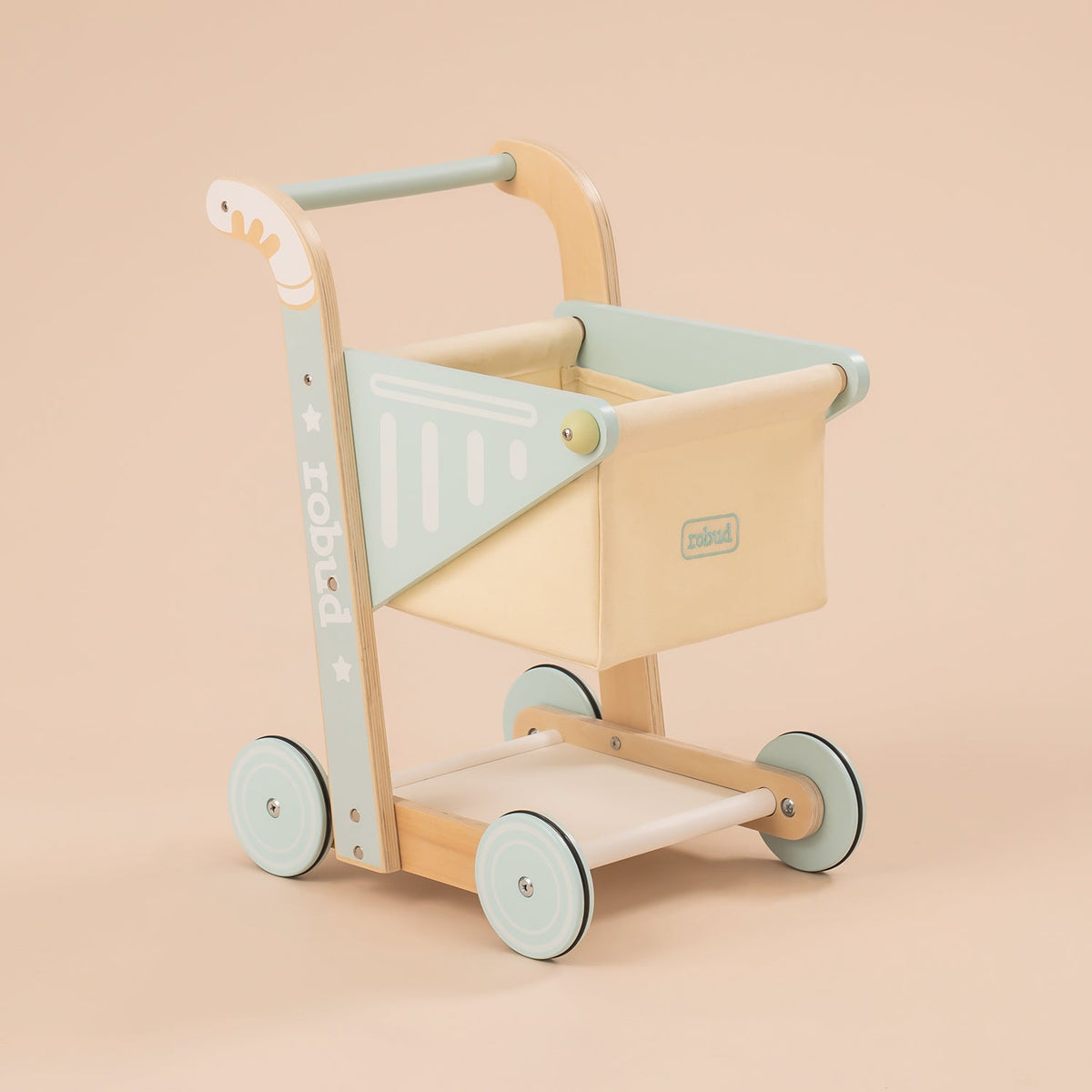 ROBUD wooden baby push walker WRP02 front view with canvas storage bag, horizontal bar and four mint green wheels