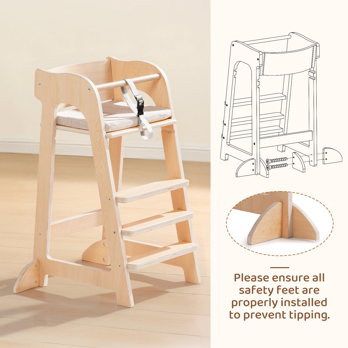 ROBUD wooden high chair side-by-side safety diagram highlighting anti-tip feet installation and tipping prevention.