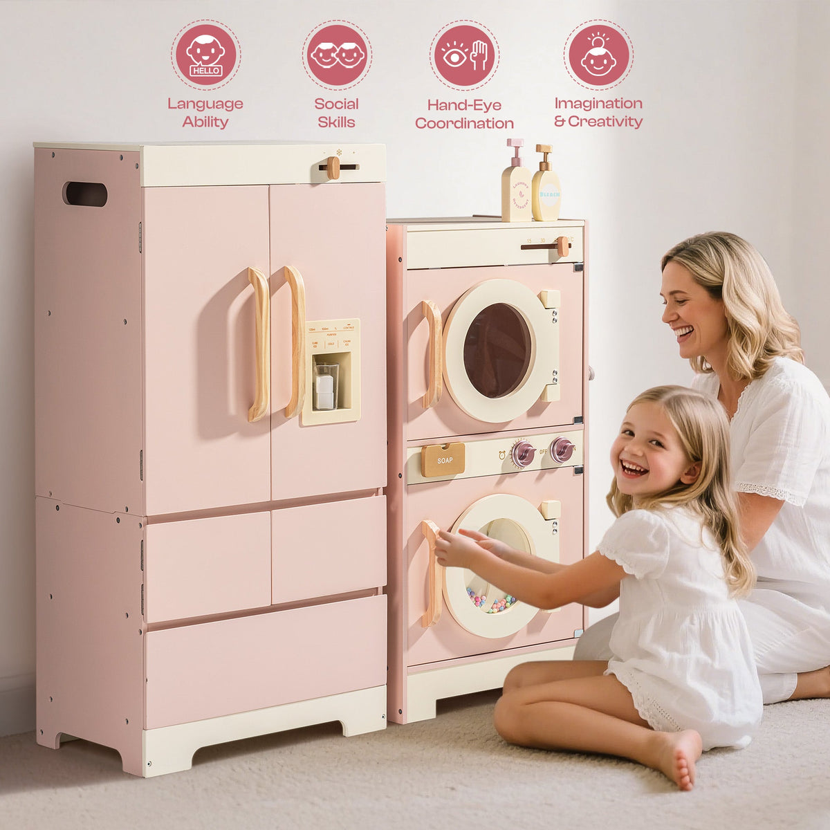 Mother and daughter standing beside full ROBUD Pink Wooden Kitchen PlaySet with fridge, washer and feature callout icons