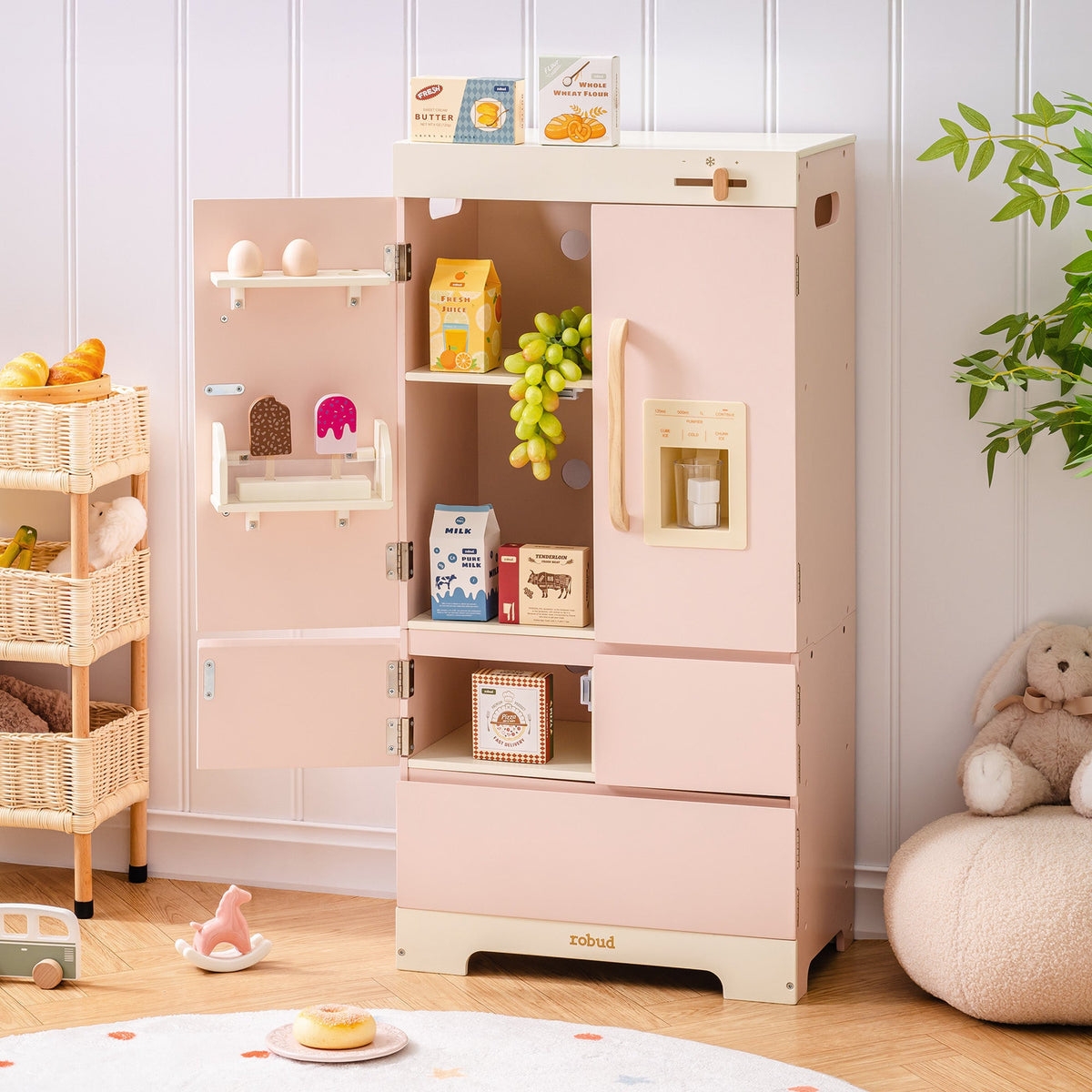 ROBUD Glowwood pink toy refrigerator with open doors revealing shelves stocked with miniature food and drinks.