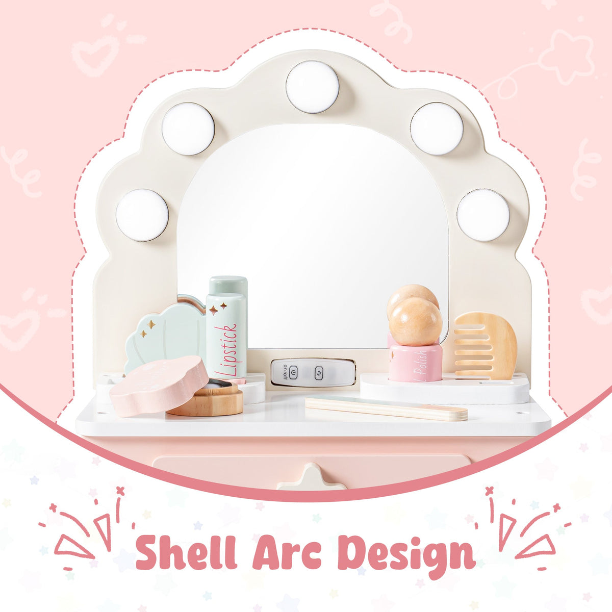 ROBUD shell-arc tabletop vanity with lighted bulb mirror and wooden play makeup accessories arranged on the surface.