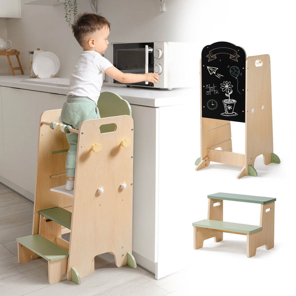 ROBUD Toddler Standing Tower set with chalkboard panel and separate step stool displayed together in natural birch and sage green finish