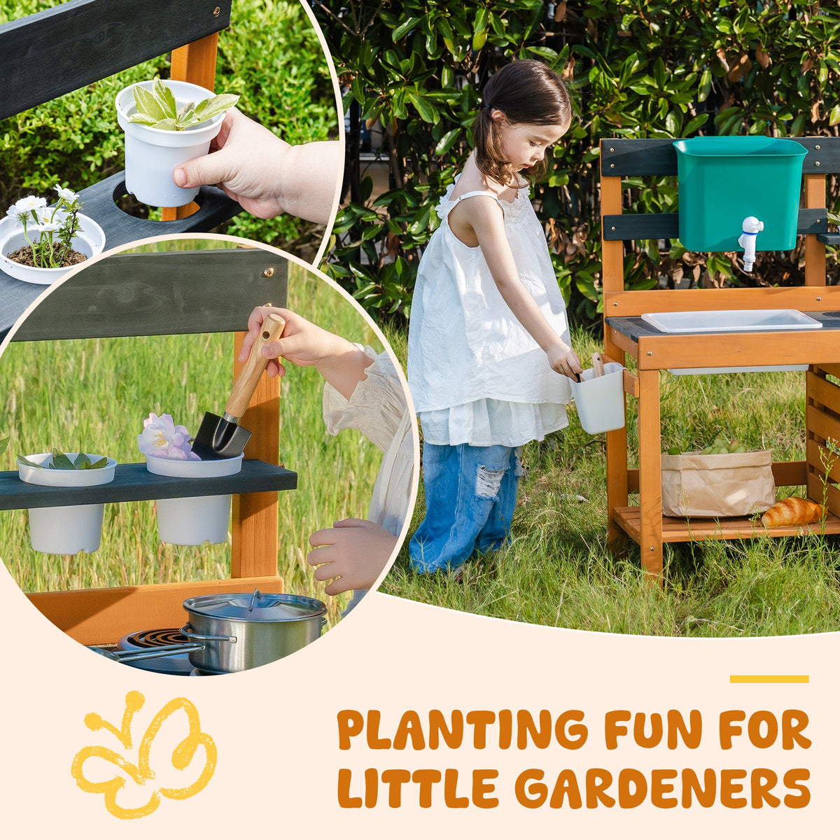 ROBUD Outdoor Mud Kitchen planting fun lifestyle with girl using the outdoor kitchen station while watering small garden plants in backyard setting