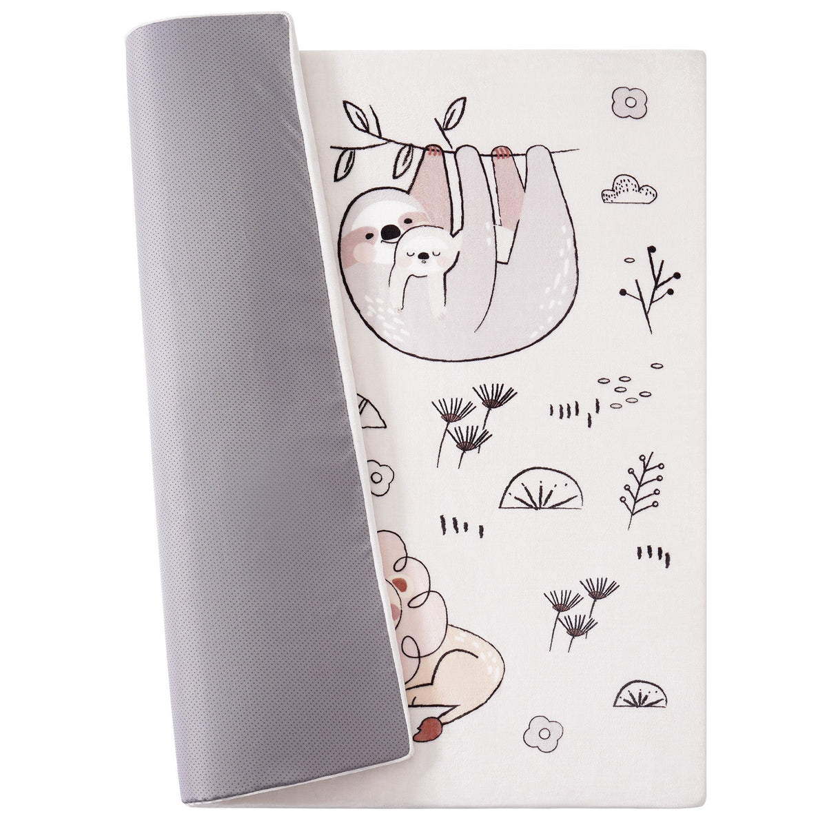 ROBUD baby play mat rolled up on one edge showing the sloth and lion print on the white side and grey mesh backing, neutral white background product view