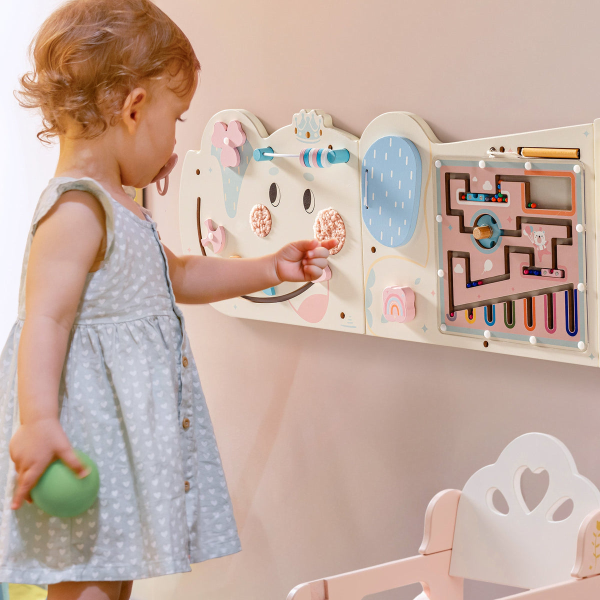 ROBUD Wooden Cream Elephant Busy Board hero shot showing wall-mounted panel with bead maze, gears, abacus and activity sections in cream tones