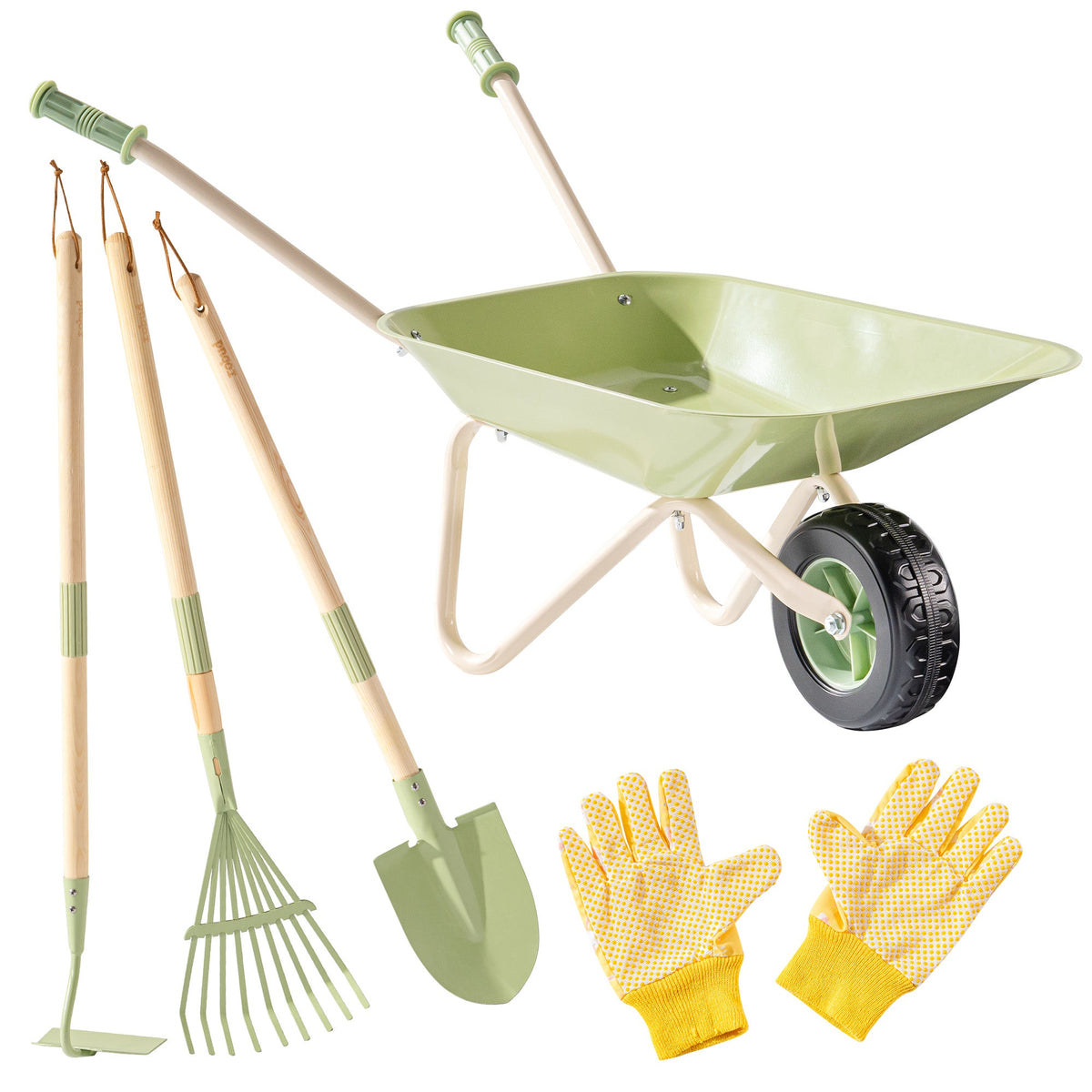 ROBUD Kids Wheelbarrow Set complete flat lay showing sage green metal wheelbarrow, rake, shovel, fork and yellow gardening gloves on white background