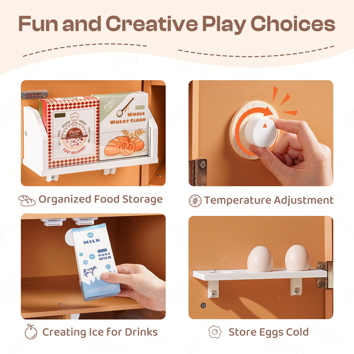 ROBUD Caramel Refrigerator feature card highlighting food storage, temperature adjustment, ice making and egg storage