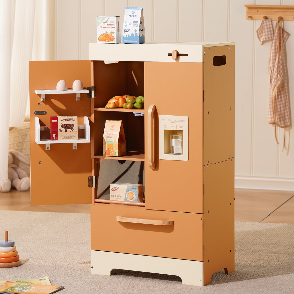 ROBUD Wooden Caramel Refrigerator open view showing shelves stocked with toy food accessories in a bright nursery room