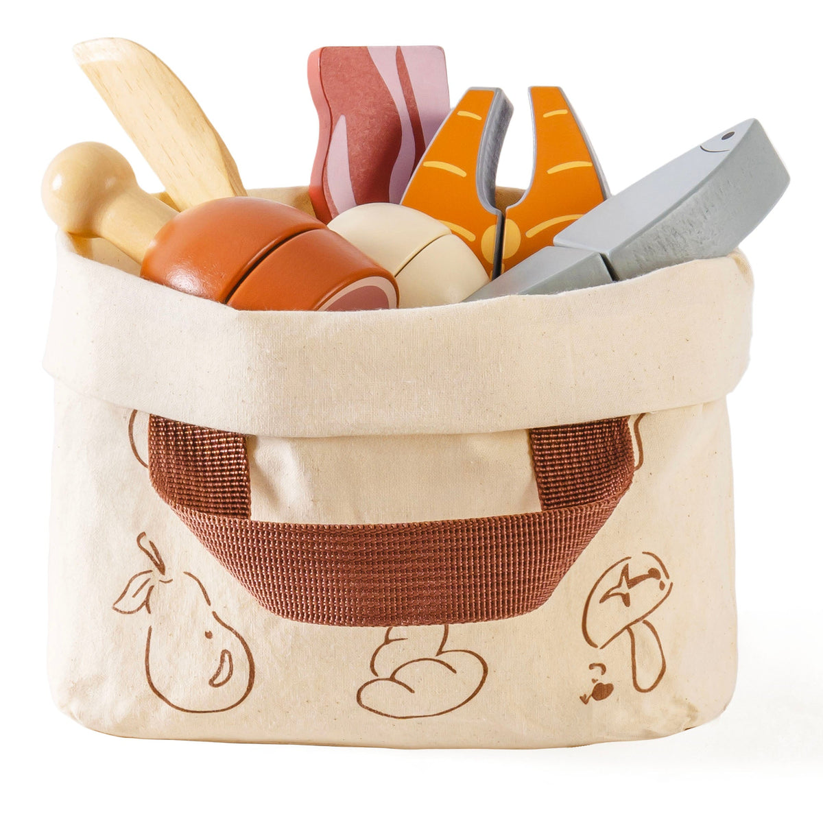 ROBUD wooden meat cutting playset canvas tote bag filled with salmon, chicken leg, bacon, fish, and egg pieces viewed from front against white background