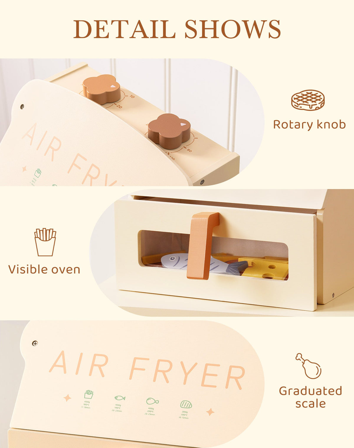 ROBUD creamy wooden play air fryer detail infographic showing rotary knob, visible oven window with fish inside, and graduated scale panel on the lid