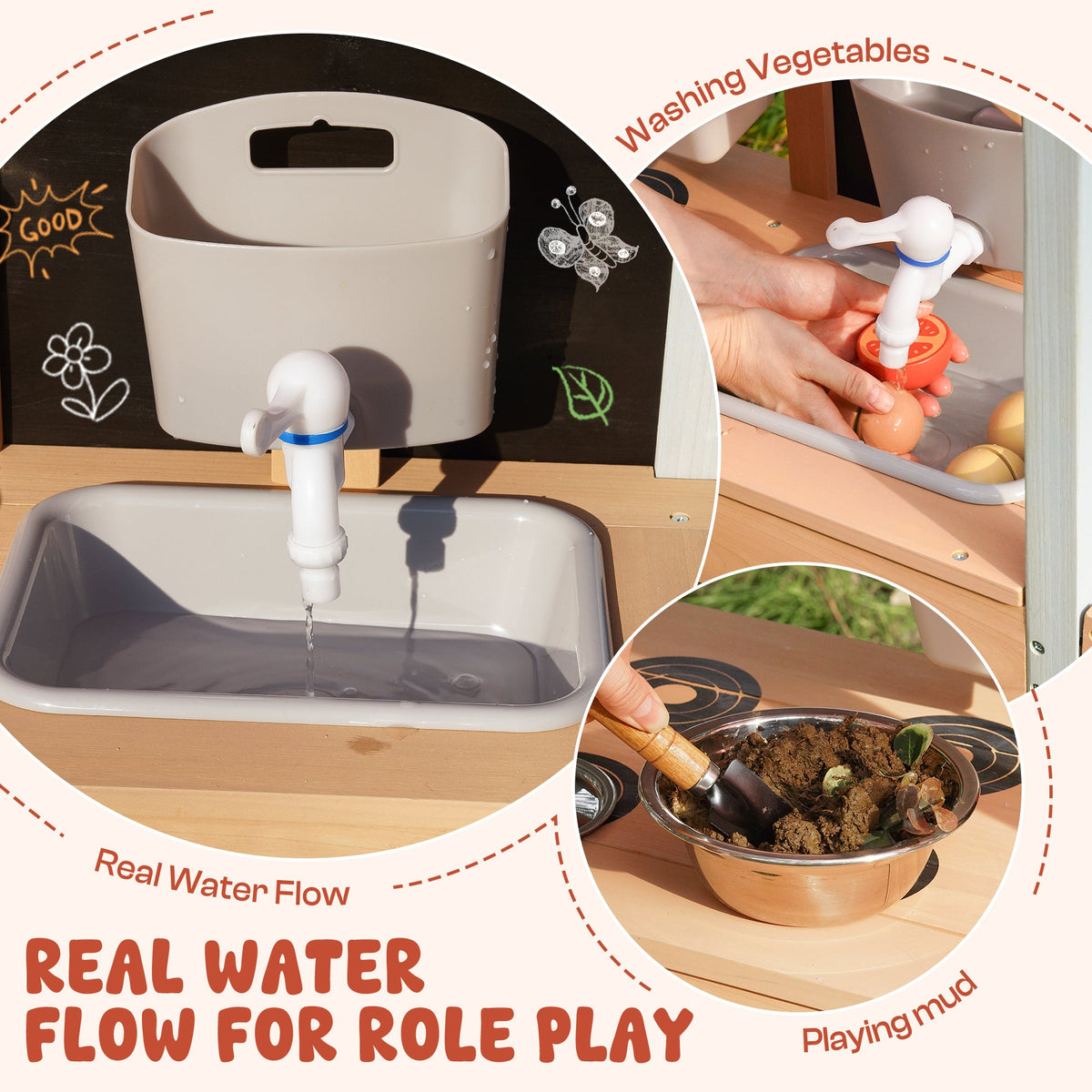 ROBUD outdoor mud kitchen detail showing real water flow from faucet, vegetable washing, and playing with mud role-play callouts