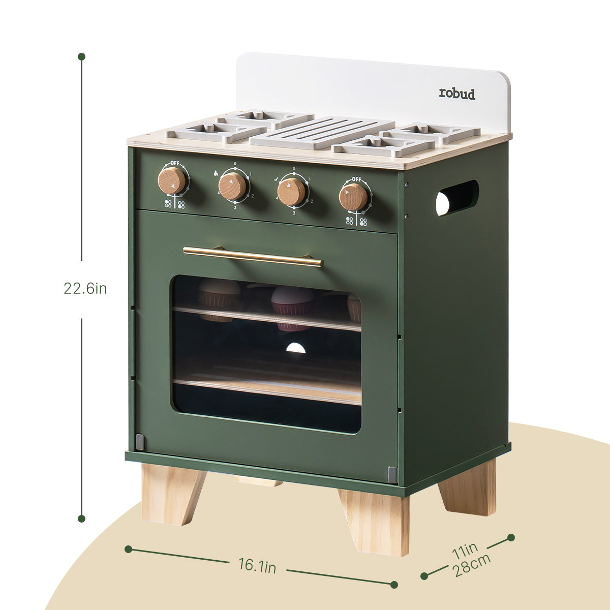 ROBUD green vintage kitchen oven toy with dimension labels showing height, width and depth measurements.