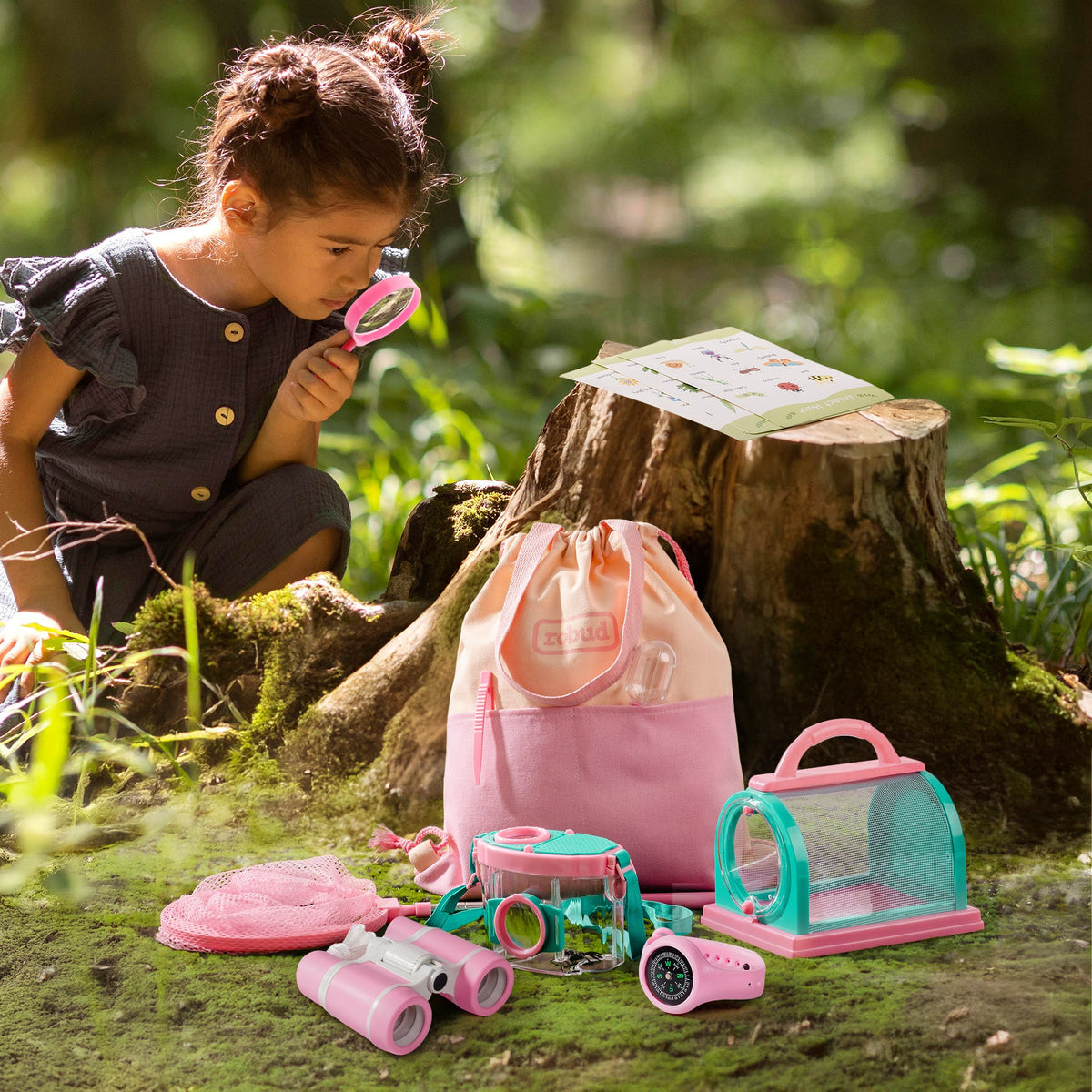 ROBUD pink bug catcher kit complete set showing two bags, two telescopic nets, two bug containers, magnifying glasses, tweezers, and guide cards