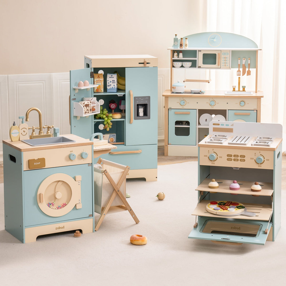 Robud green and gold kitchen playset collection showing fridge, washing machine, oven and market trolley