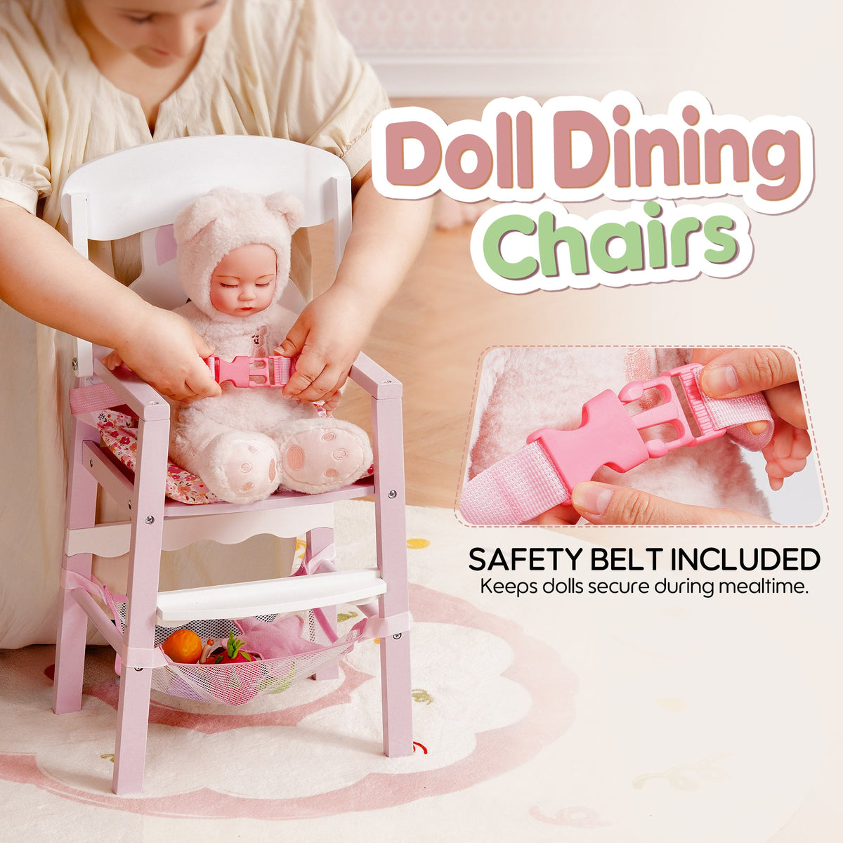 ROBUD pink wooden doll dining chair feature highlight showing flip-up food tray with close-up view of hinge mechanism