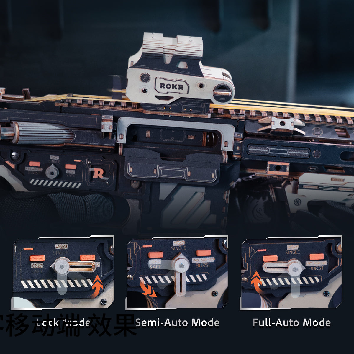 Close up of the rifle model's ROKR branded scope and rail showing lock, semi auto and full auto mode insets