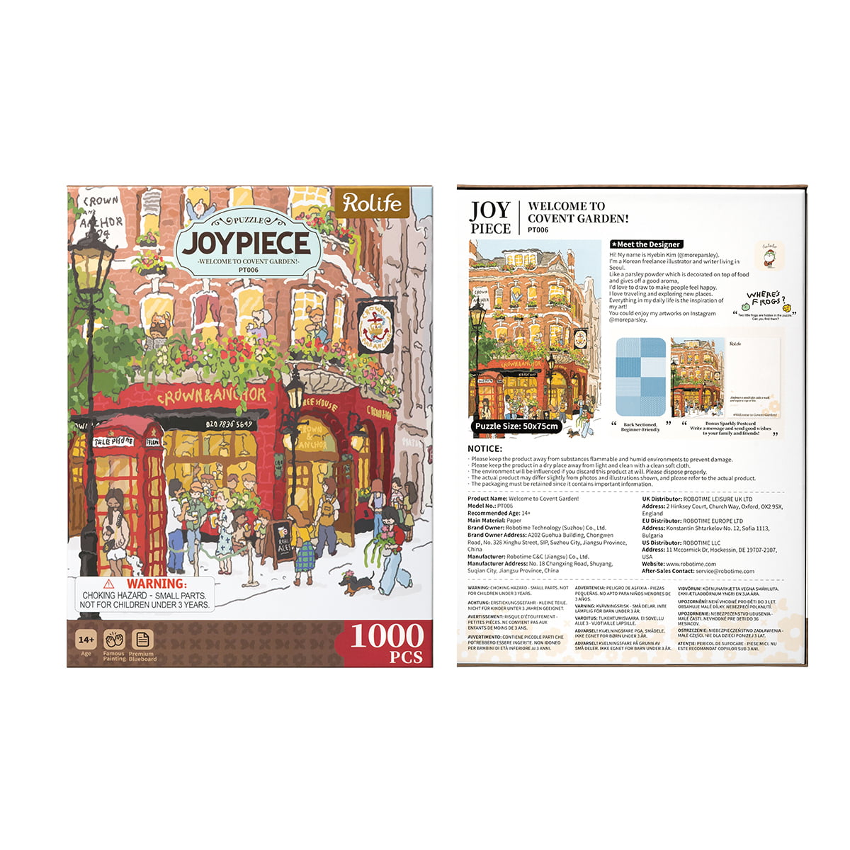 Rolife Welcome to Covent Garden PT006 Joypiece 1000-piece puzzle retail packaging front and back with illustrated market scene