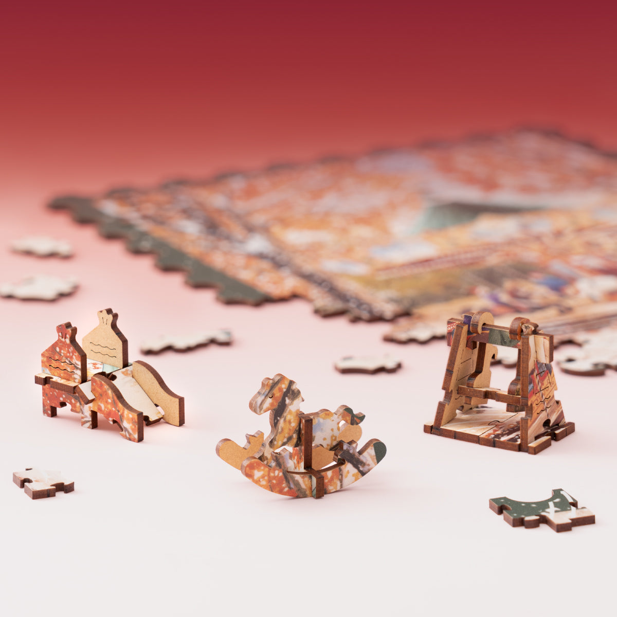 Rowood Golden Autumn Carousel Wooden Jigsaw Puzzle 3D wooden vehicle puzzle, close-up of interior components and accessories
