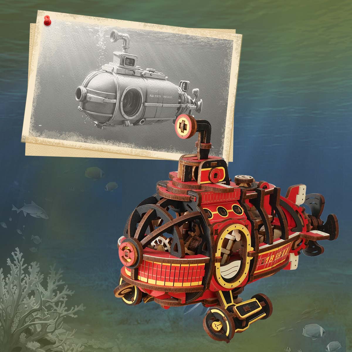 ROKR Deep-Sea Adventurer Gravity Swing MCD04 red steampunk submarine shown alongside MCD03 orange road-tripper SUV with lifestyle frame and guitar ornament on oak desk