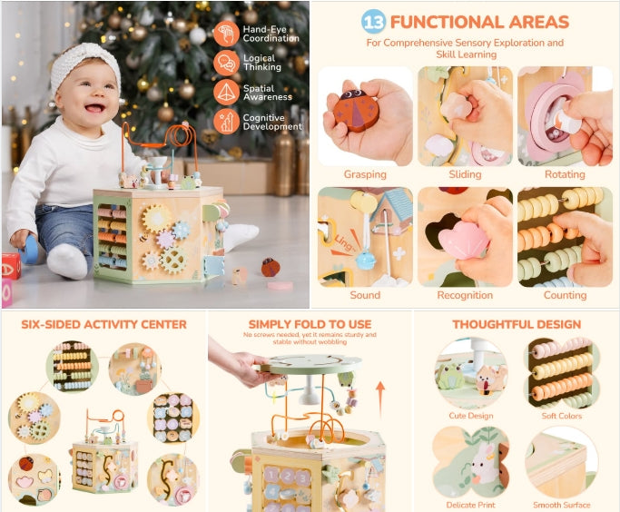 ROBUD 13 functional area wooden activity cube infographic showing baby playing with bead maze, sensory features including grasping, sliding, rotating, and counting activities