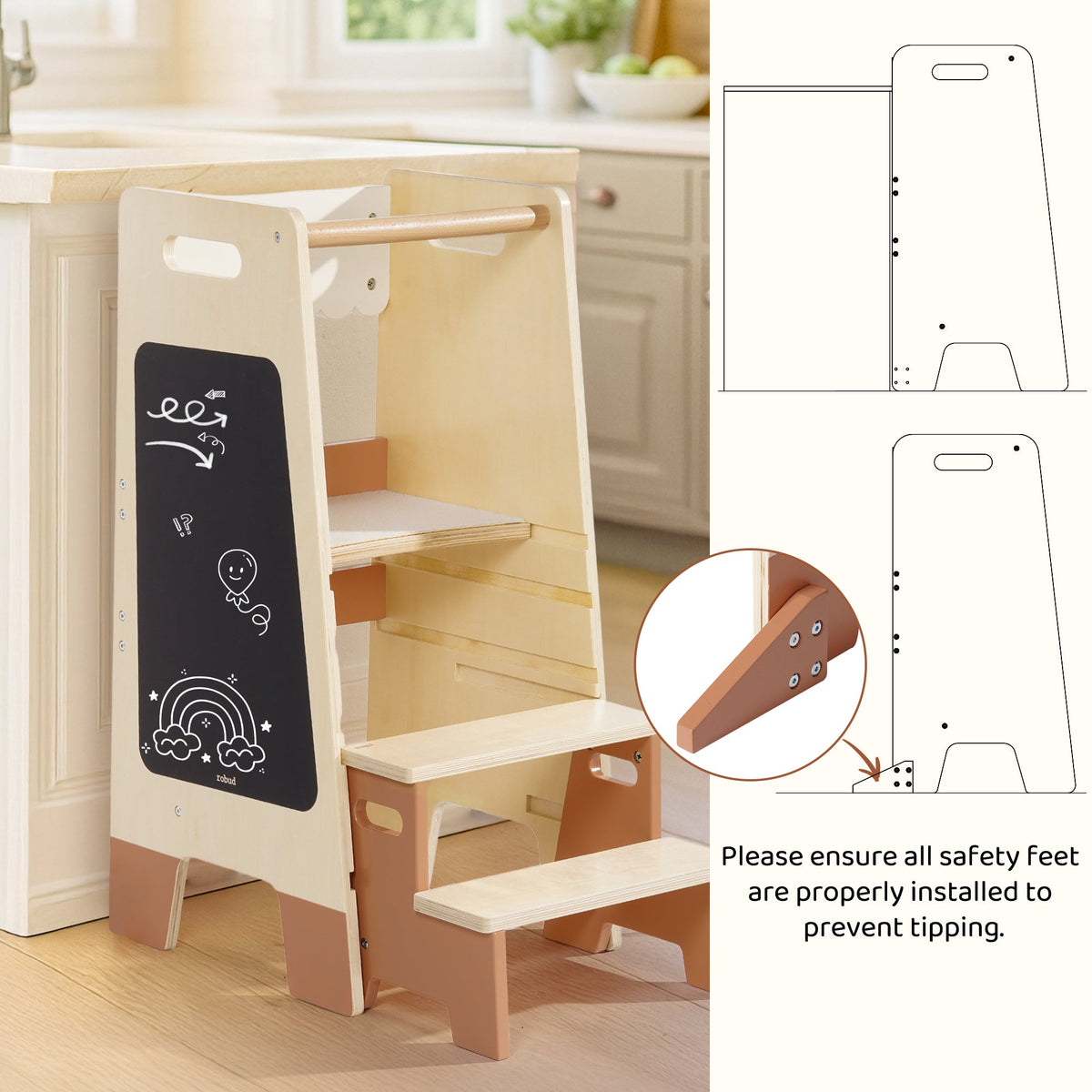 ROBUD Toddler Standing Tower back view showing foldable structure next to safety foot diagrams on white background