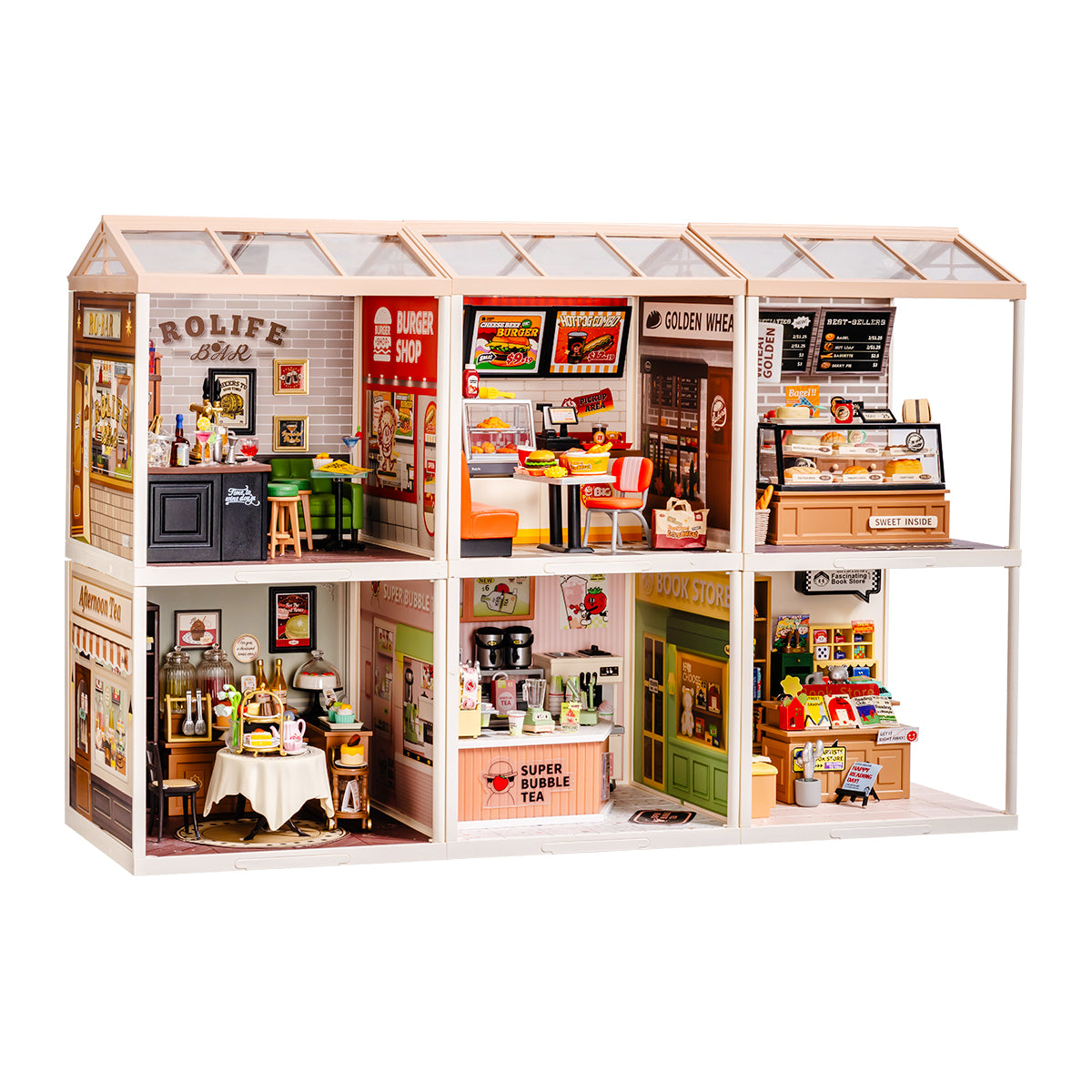 Rolife Super Creator 6 in 1 Six Grid DIY miniature dollhouse kit, completed model displayed on a shelf