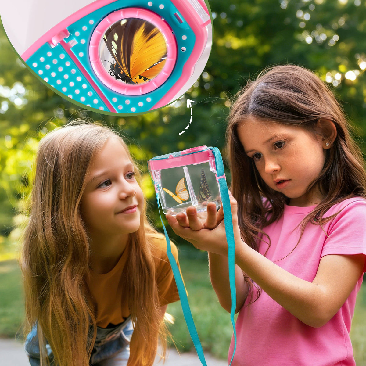 Two girls examining ROBUD aqua bug viewing container with a butterfly inside while pink binoculars hang around one girl's neck