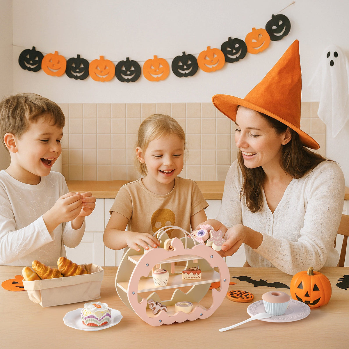 Two girls in Halloween costumes sharing ROBUD Halloween Candy House wooden pumpkin playset on the floor surrounded by ghost and candy decor