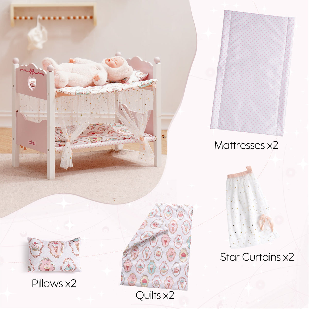 ROBUD doll bunk bed accessories laid out: two floral mattresses, two quilts, two pillows, and two sheer star curtain panels.