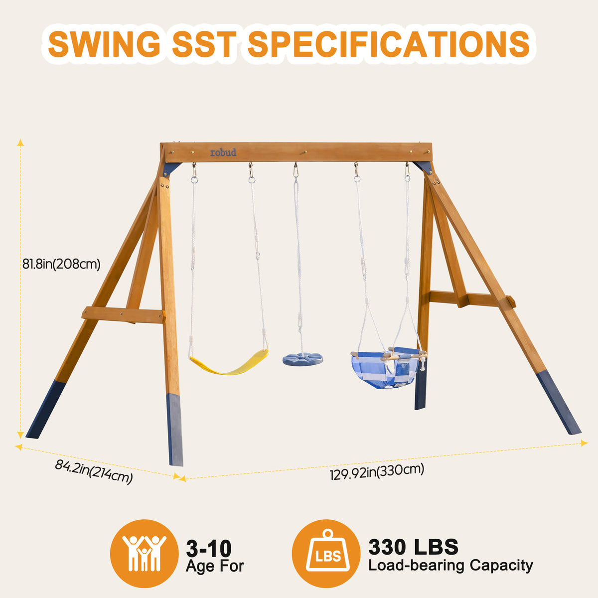 ROBUD wooden swing set swing SST specification diagram showing natural wood A-frame with three swings, 81.8-inch height and 330 lb load capacity
