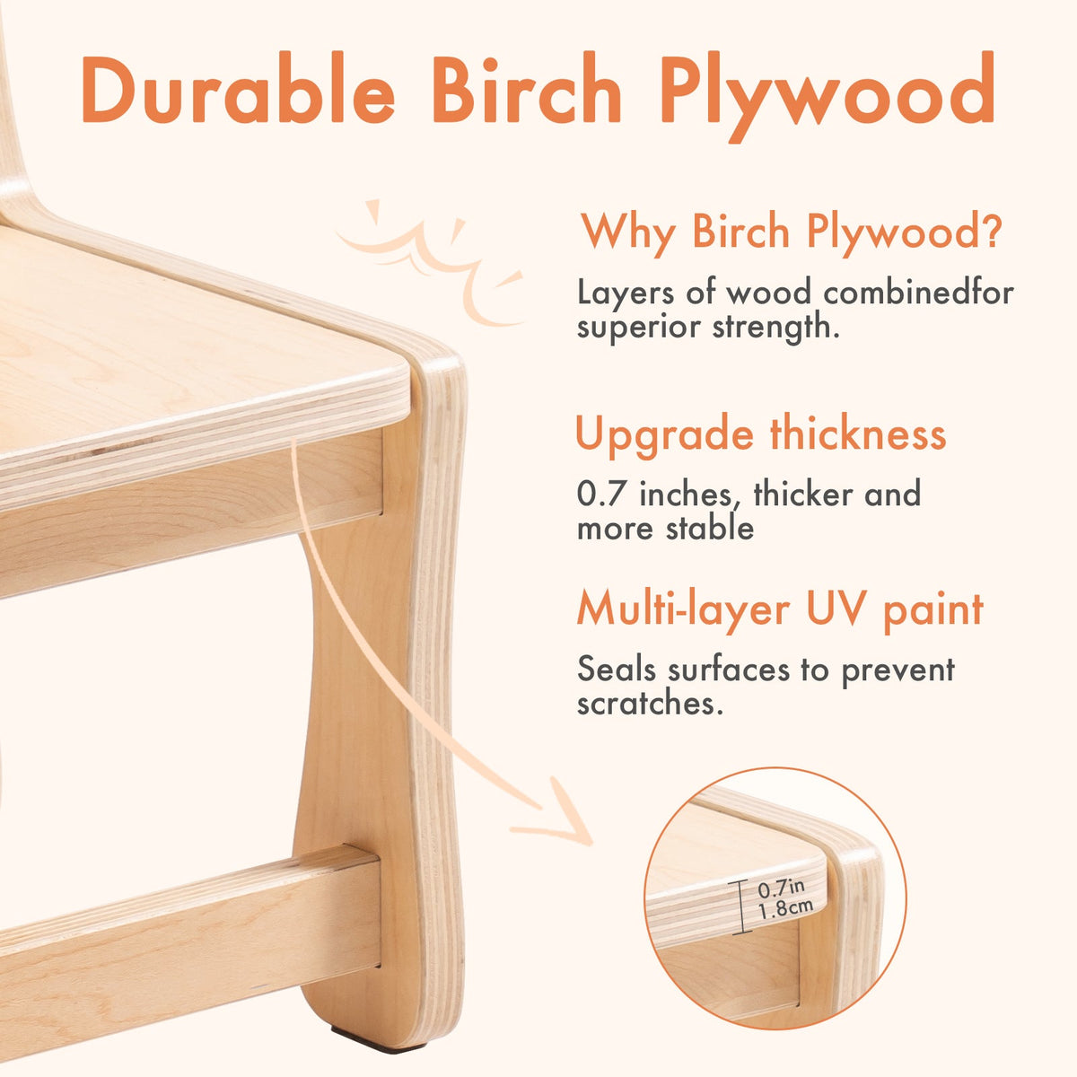 ROBUD birch plywood toddler chair material close-up showing durable 0.7-inch layered birch construction, UV-painted surface and smooth curved edges