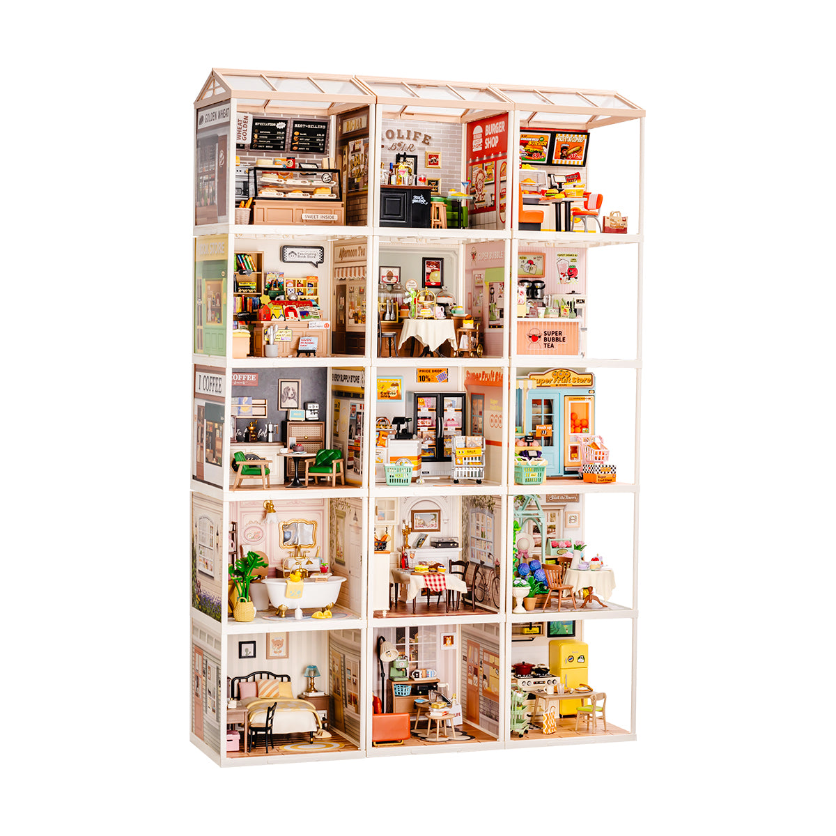 Rolife Super Creator 15 in 1 DIY Miniature House, DIY miniature dollhouse kit, front product view