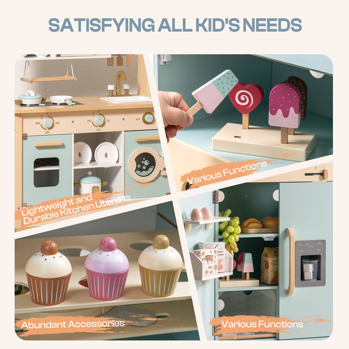 Robud green kitchen playset satisfying kids needs panel with cupcake, ice cream and accessories callout