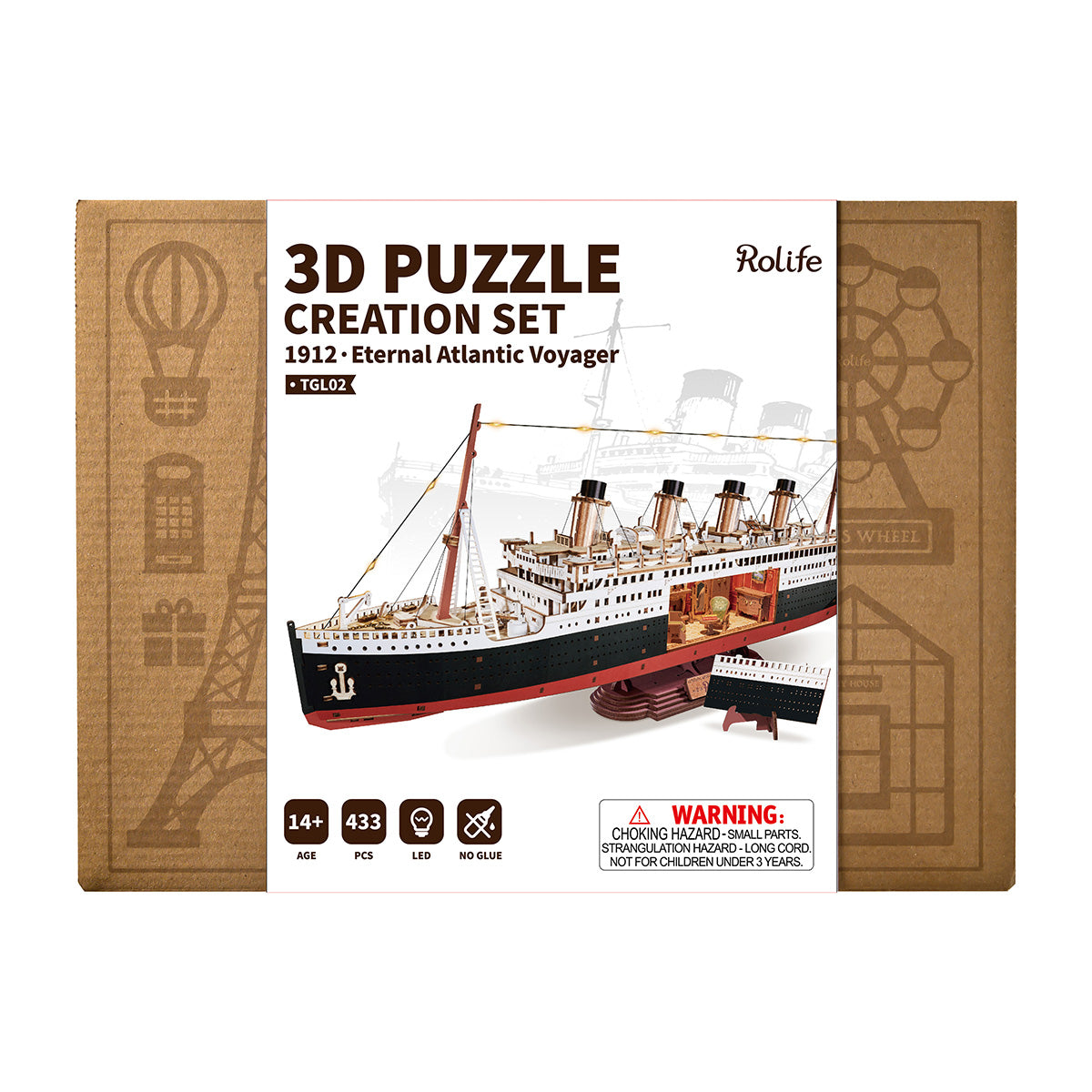 Rolife 1912·Eternal Atlantic Voyager 3D Wooden Puzzle 3D wooden puzzle model, side view highlighting structure and scale