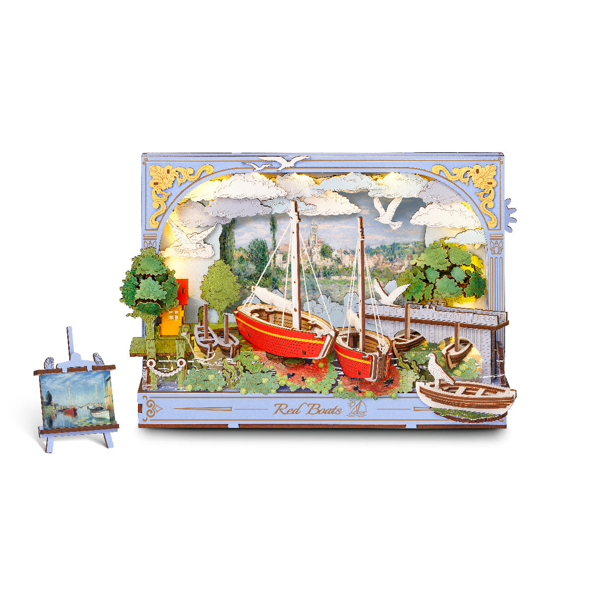 Rolife Red Boats 3D art frame puzzle showing red sailboats in a harbor scene with trees and seagulls