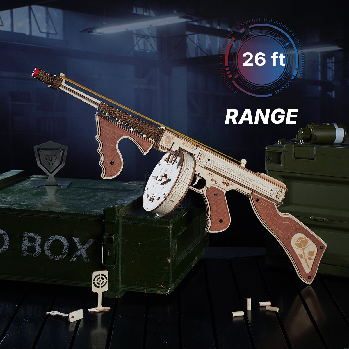 ROKR, Thompson Submachine Toy Gun, LQB01, 3D wooden toy gun puzzle, styled scene