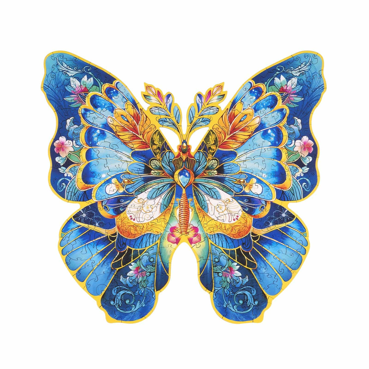 Rowood colorful wooden blue butterfly puzzle with orange floral wing details on a white background