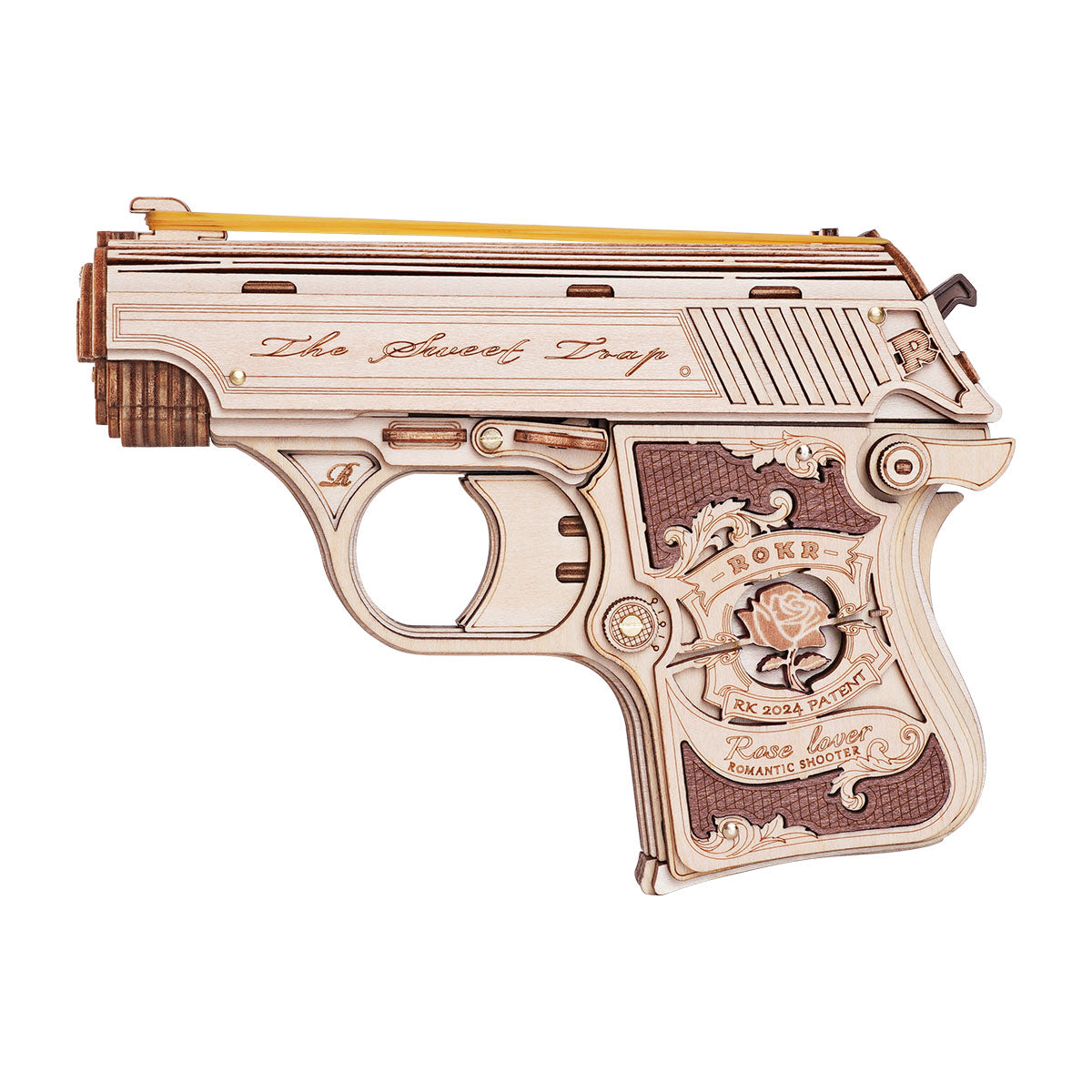 ROKR wooden mini gun puzzle model shown in side view on a plain white background.