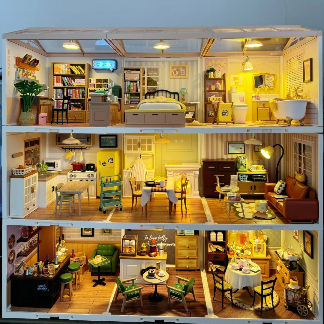Rolife Super Creator large DIY miniature house, four-story open view showing bedroom, office, kitchen and lounge scenes