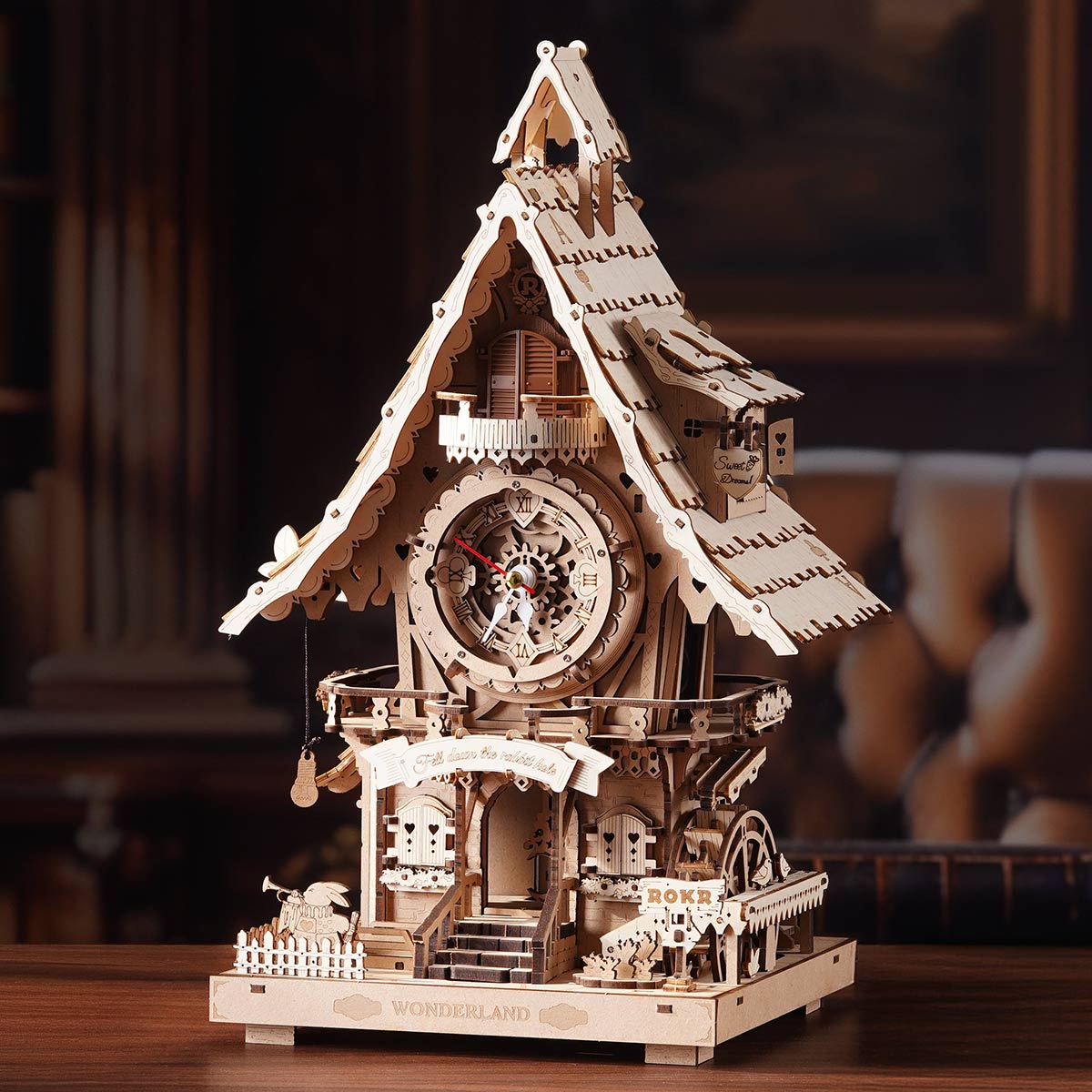 ROKR Cuckoo Clock Mechanical 3D Wooden Puzzle, mechanical cuckoo clock 3D wooden puzzle, angle product view