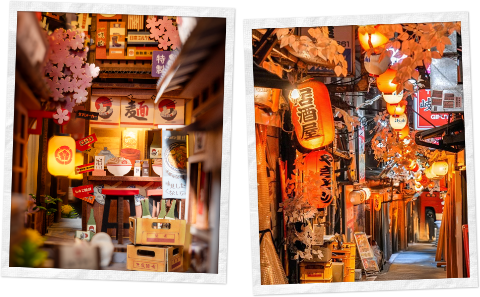 Two polaroid-style close-ups of Rolife Fukuro-cho book nook showing orange lantern-lit alleyways with noren curtains and Japanese signage.