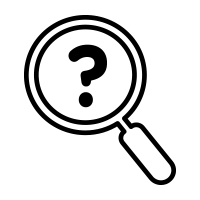 Black and white outline icon of a magnifying glass with a question mark representing the mystery and discovery element of Robotime Online collectible surprise figures.