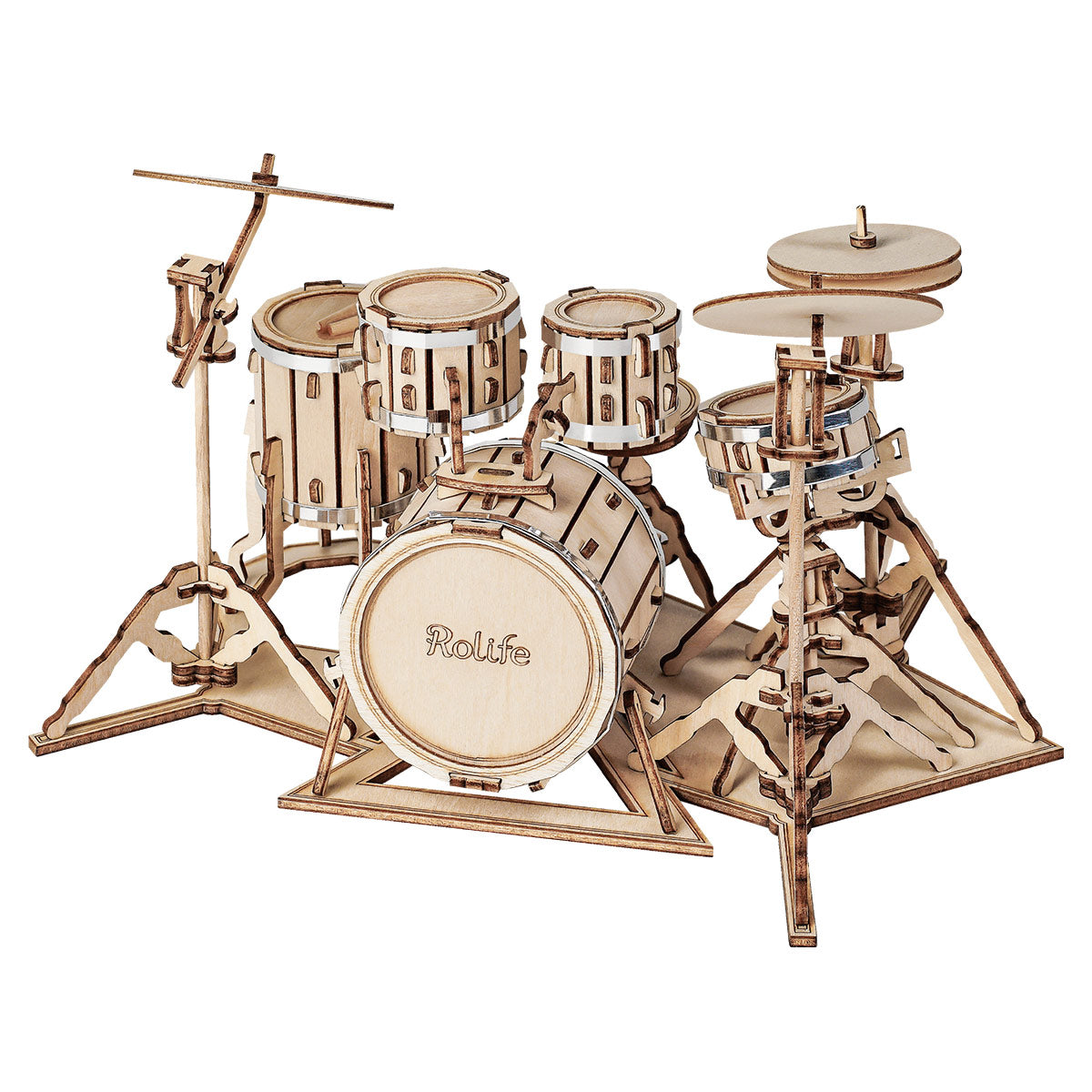 Rolife wooden drum kit puzzle with bass drum, snare, hi-hat and cymbal stands in natural birch