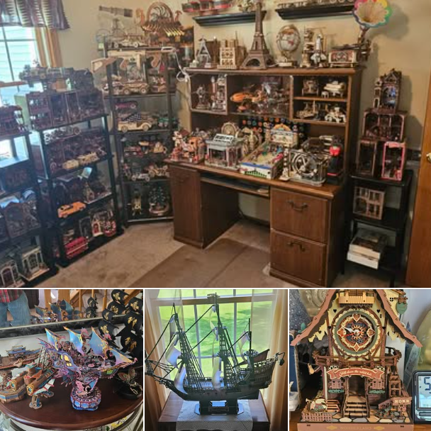A collector's display room filled with dozens of Robotime miniature model kits on shelves and desks.